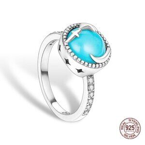 NWT Ring S925 Sterling Silver Stamped Star Moon CZ Turquoise Cabochon Sz. 6